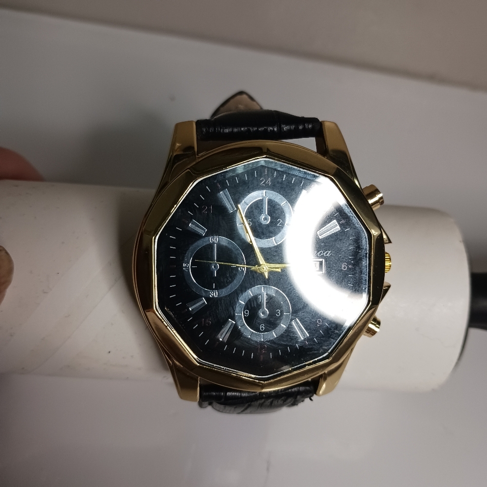Men's Genoa black  faced watch, gold trim black leather band, new